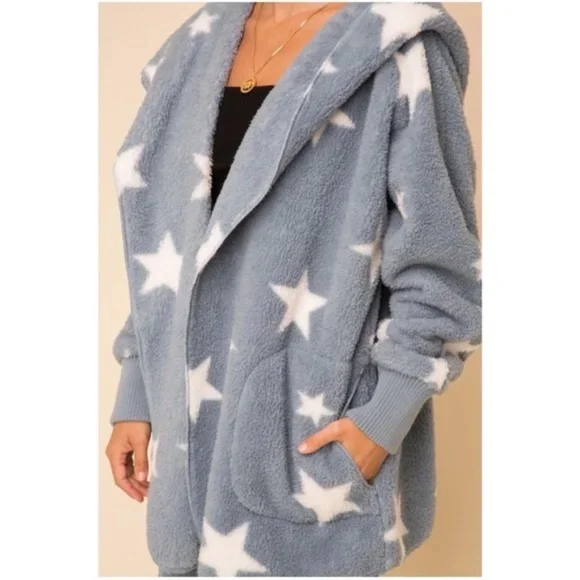 017 Cozy Star Print Teddy oversized hoodie Jacket - Picture 9 of 11
